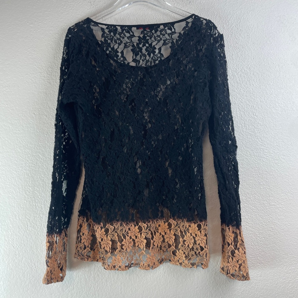 T-Party Womens Black Tan Ombre Floral Lace Long Sleeve Top LC36196 Sheer Size L - Picture 3 of 7